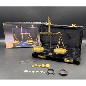 Vintage Black Velvet box with Brass Balance Scales and Weights Travel w/ box
